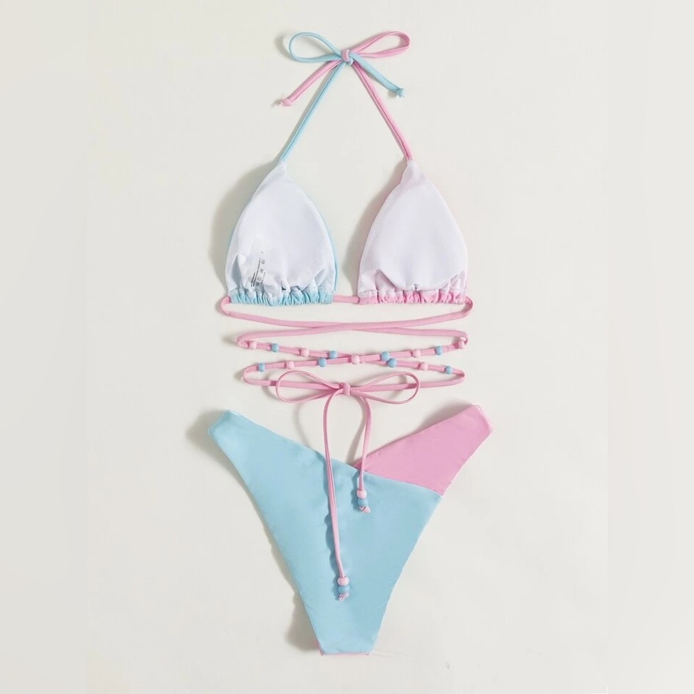 SHEIN Color Block Beaded Triangle Bikini Swimsuit